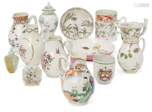 A collection of Chinese porcelain and two snuff bottles, 18th-early 20th century, to include five