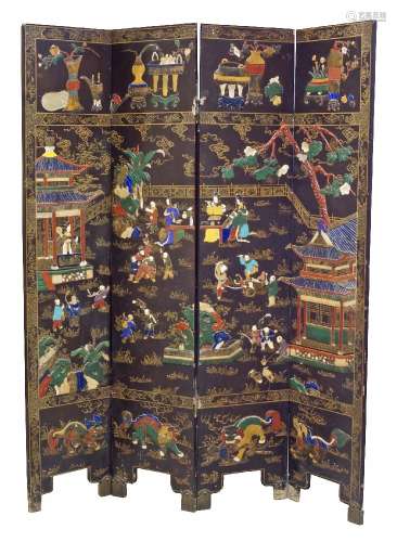 A Chinese lacquer and hardstone inlaid four-panel screen, early 20th century, inlaid with soapstone,