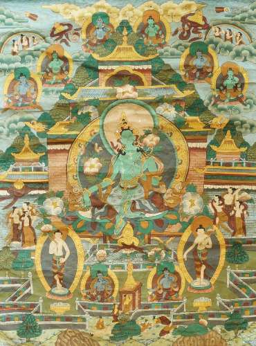 A Tibetan thangka depicting Green Tara, early 20th century, distemper on cloth, 71cm x 55cmPlease