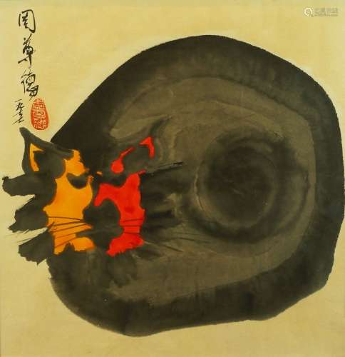 JD CHOU (CHINESE, B.1941), ink and colour on paper, Ying Yang cat study, signed and dated, 44cm x