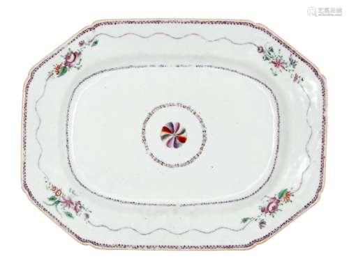 A Chinese export porcelain canted rectangular platter, late 18th century, painted in famille rose