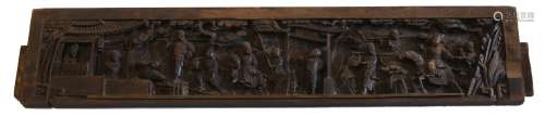 A Chinese carved wood rectangular furniture panel, late Qing dynasty, carved with soldiers, some