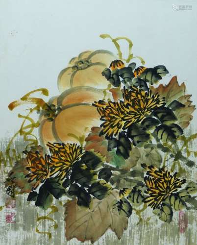 Early 20th century Chinese school, ink and colour on paper, fruit and floral study, signed, 40cm x