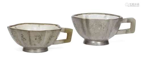 A pair of Chinese pewter encased jade-handled Yixing lobed cups, 19th century, glazed white to the