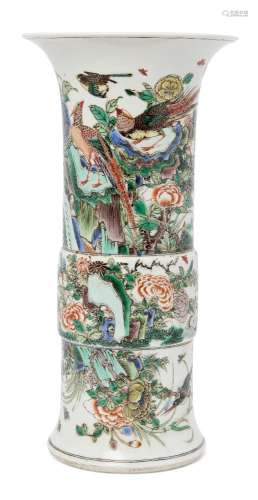 A Chinese porcelain famille verte beaker vase, late 19th century, painted with birds and insects