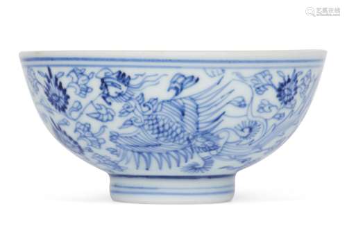 A Chinese porcelain 'Phoenix' tea bowl, Yongzheng mark and of the period, painted in underglaze blue