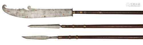 A set of three Chinese polearms, 19th century, two with steel spearhead, one with broad falchion