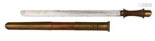 A Butanese sword, 19th century, with string grip, brass pommel, and copper and brass sheath, 66cm