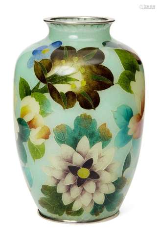A Japanese plique-a-jour vase, 20th century, decorated with polychrome flowers on a pale green