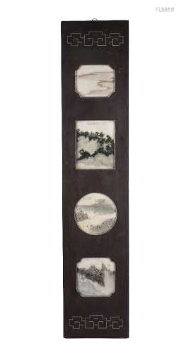 A Chinese wood panel set with four marble dreamstone panels, early 20th century, each depicting a