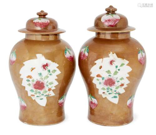 A pair of Chinese porcelain Batavian ware vases and covers, 18th century, each painted in famille