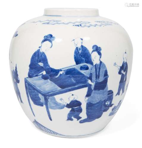A large Chinese porcelain ginger jar, Kangxi mark, 19th century, painted in underglaze blue with a