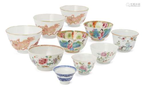 Ten Chinese porcelain bowls, 18th-19th century, including three painted with Buddhist lions,