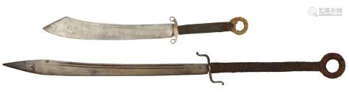 Two Chinese double-handed swords, 19th century and WWII period, 134cm and 82cm long (2)Please