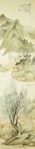WU GUXIANG (1848-1903), ink and colour on silk, two hanging scrolls, mountain landscapes, 131cm x