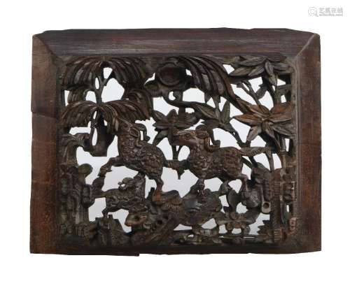 A Chinese carved huali wood rectangular panel, 19th century, carved and pierced with celestial