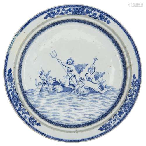 A rare and large Chinese porcelain circular basin, 18th century, painted in underglaze blue to the