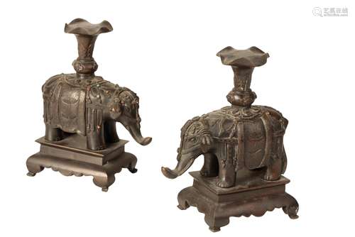 PAIR OF BRONZE ELEPHANT JOSS STICK HOLDERS