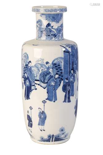 FINE BLUE AND WHITE 'SCHOLARS' ROULEAU VASE