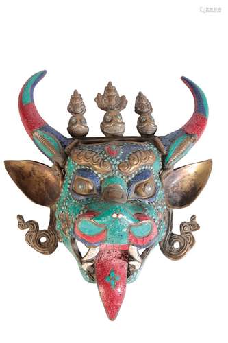 BRONZE AND HARDSTONE INLAID MASK, TIBET