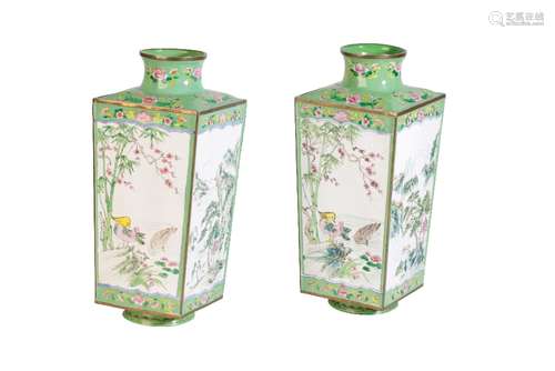 LARGE PAIR OF FAMILLE ROSE CANTON ENAMEL SQUARE-FORM VASES