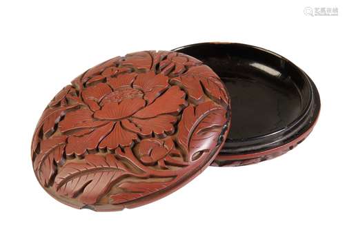 FINE AND RARE CINNABAR LACQUER PEONY BOX AND COVER