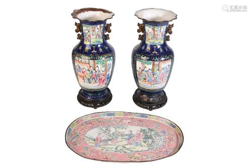 PAIR OF CANTON ENAMEL VASES