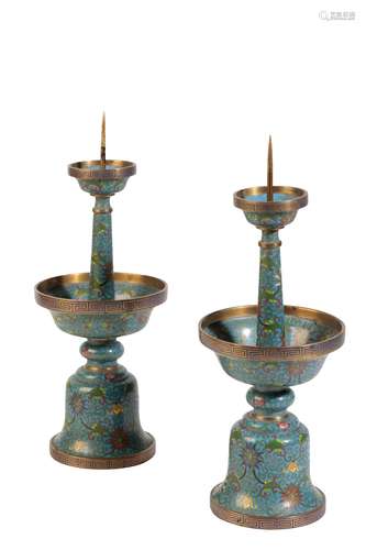 PAIR OF CLOISONNE PRICKET CANDLESTICKS