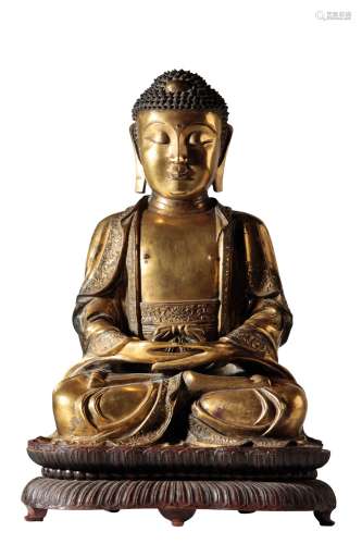 FINE GILT-BRONZE FIGURE OF SEATED SHAKYAMUNI