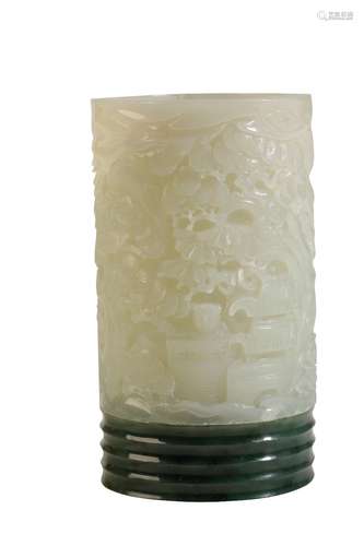 CARVED WHITE AND SPINACH JADE BRUSH POT