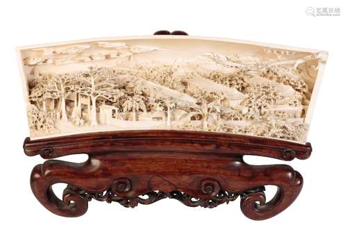 IMPRESSIVE CARVED IVORY TUSK DEPICTING THE SUMMER PALACE