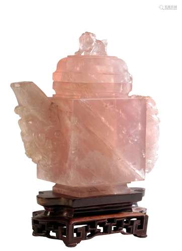 LARGE CARVED ROSE QUARTZ TEA POT