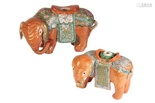 TWO EXPORT CANTON FAMILLE ROSE PORCELAIN ELEPHANT-FORM CANDLE HOLDERS