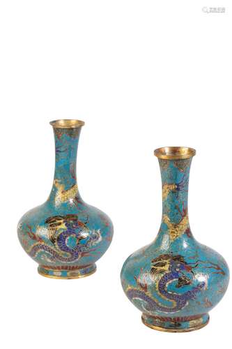 PAIR OF CLOISONNE TURQUOISE-GROUND 'DRAGON' VASES