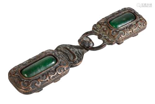 BRONZE AND GREEN HARDSTONE BELT BUCKLE