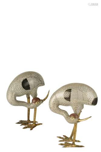 PAIR OF CLOISONNE AND GILT-BRONZE CRANES