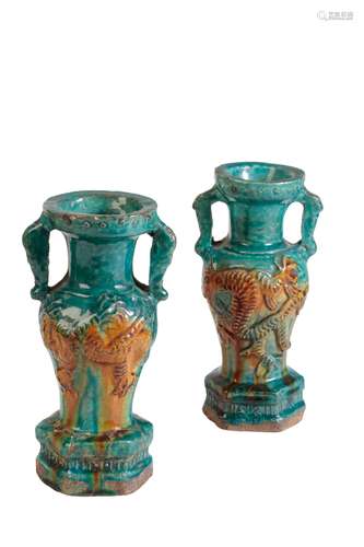 PAIR OF TURQUOISE-GLAZE POTTERY 'DRAGON' VASES