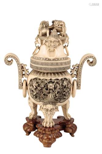 LARGE CARVED IVORY CENSER AND COVER