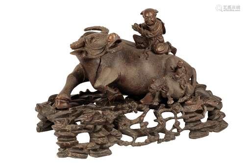 FINE AND LARGE CARVED HARDWOOD BUFFALO GROUP