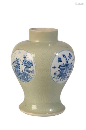 CELADON-GROUND BLUE AND WHITE BALUSTER VASE