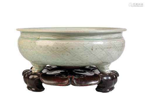 LARGE CELADON CENSER ON HARDWOOD STAND