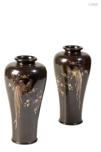 PAIR OF JAPANESE BRONZE AND SILVER INLAID VASES