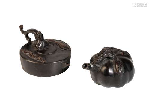 TWO JAPANESE BRONZE WATER DROPPERS