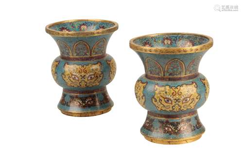 PAIR OF CLOISONNE GU FORM VASES