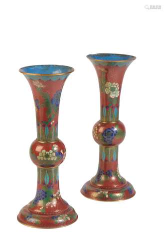 PAIR OF CLOISONNE GU FORM VASES