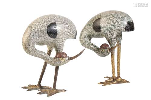 PAIR OF LARGE CLOISONNE FIGURES OF CRANES