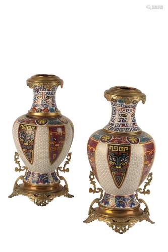 PAIR OF CHINESE CLOISONNE GILT-METAL MOUNTED VASES