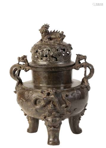 LARGE BRONZE 'DRAGON AND PHOENIX' CENSER AND COVER