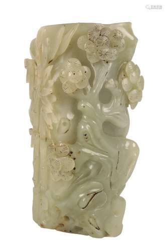 CARVED CELADON JADE BRUSH POT