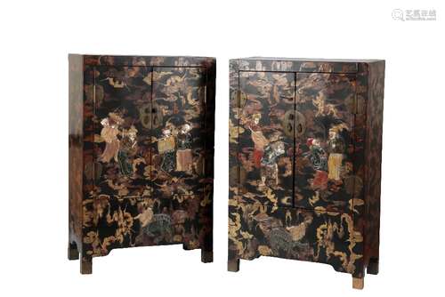 PAIR OF BLACK LACQUER, MOTHER OF PEARL AND HARDSTONE TABLE CABINETS